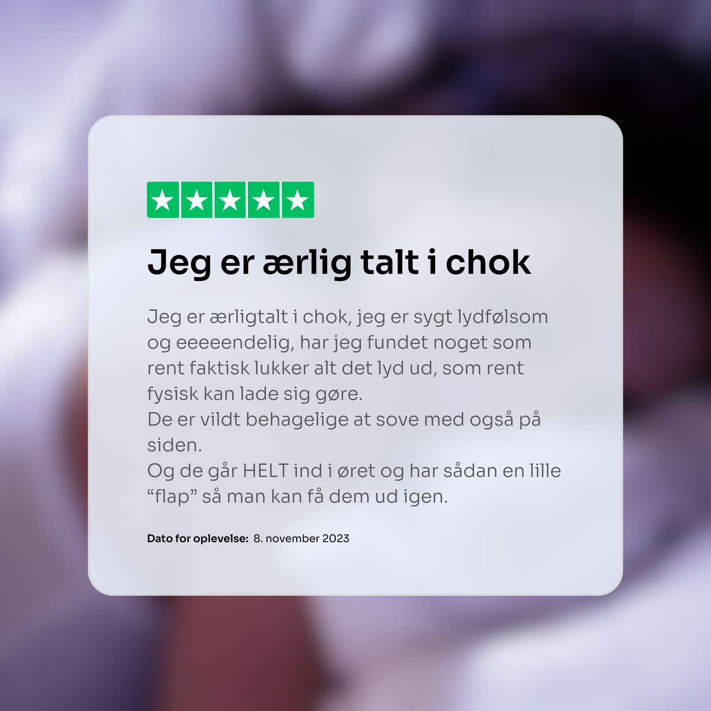 Læs lige denne anmeldelse på vores populære sleep deep ørepropper 👏.

Prøv dem i dag: https://nattelyst.dk/produkt/sleepdeep-oerepropper/

Hav en rigtig god søvn 🌙