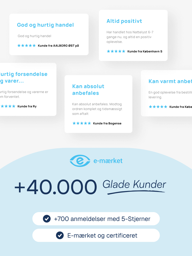 Kundeanmeldelser og e-mærket: +40.000 glade kunder, +700 5-stjernede anmeldelser og certificeret