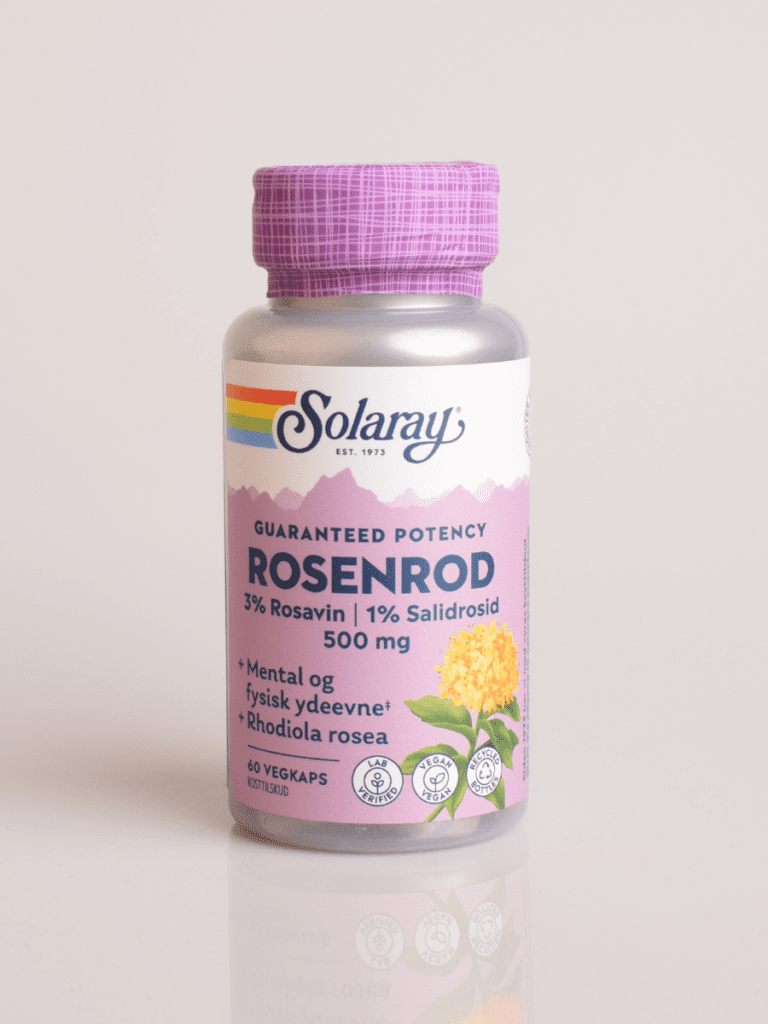 Solaray Rosenrod 500 mg kosttilskudflaske med pink etiket, lilla låg og Rhodiola-blomst