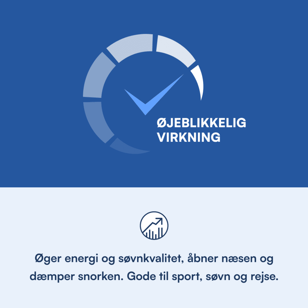 Blåt cirkulært ikon med flueben og teksten Øjeblikkelig virkning – øger energi, forbedrer søvn og åbner næsen.