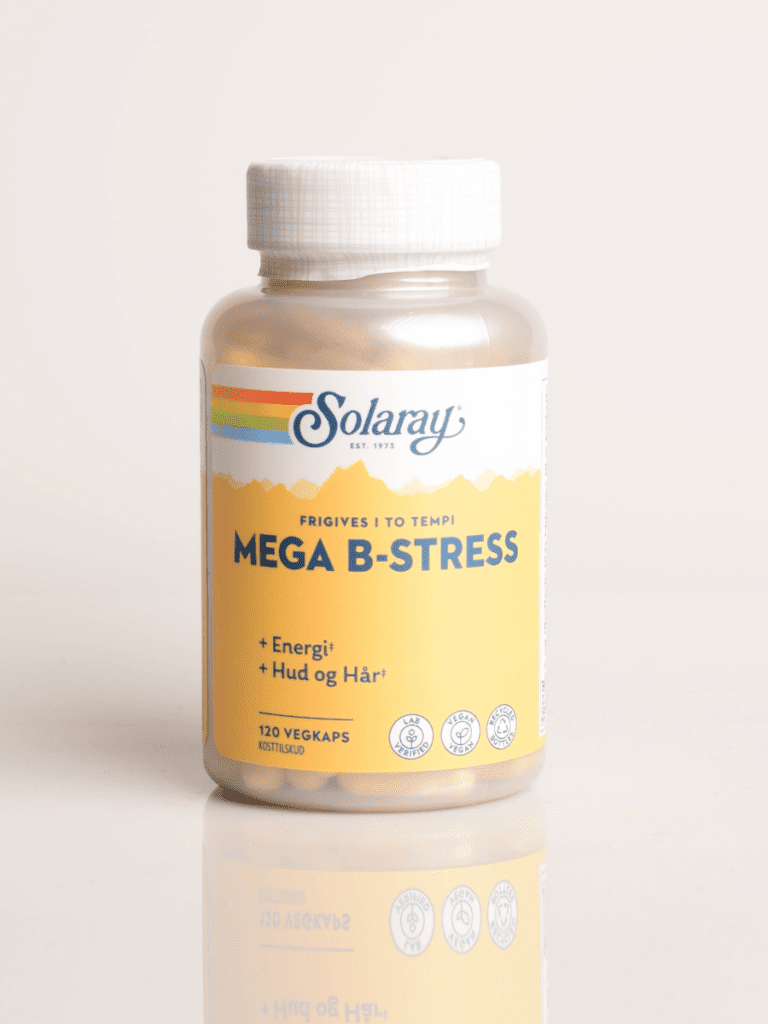 Solaray Mega B-Stress kosttilskud, hvid flaske med gul etiket, 120 vegkaps — til energi samt hud og hår