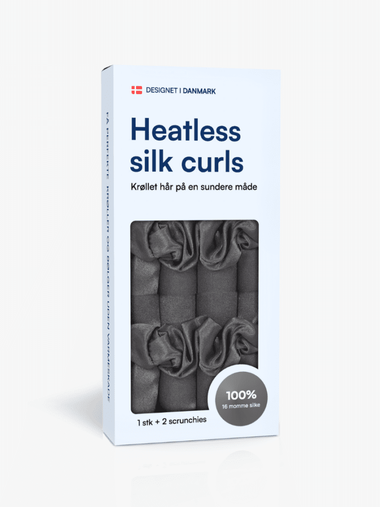 Heatless silk curls æske med grå silkeruller og 2 scrunchies, 100% silke