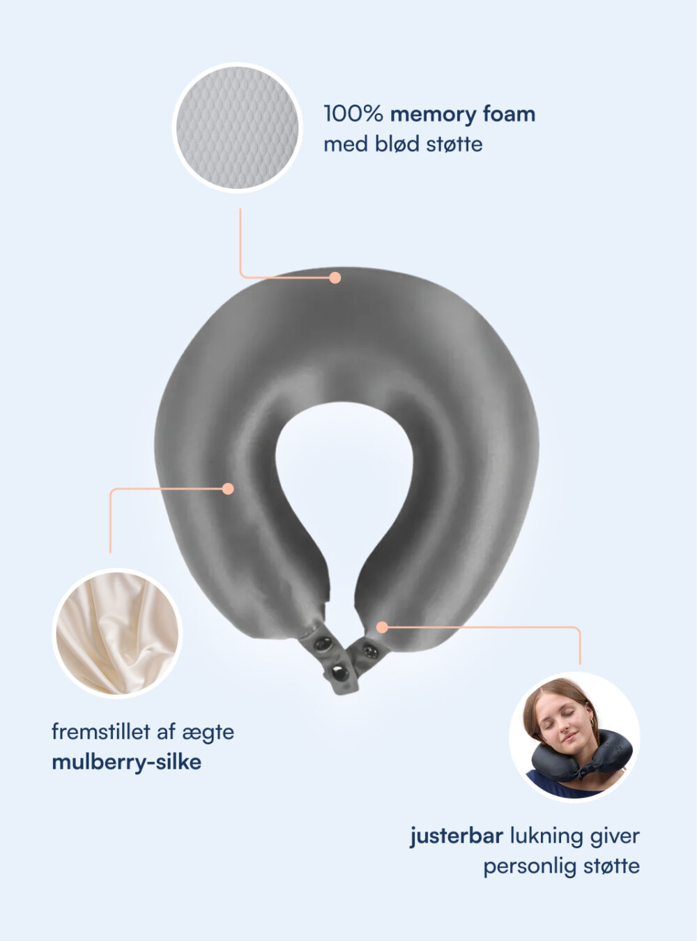 Nakkepude 100% Mulberry Silke (OEKO-TEX) Grå