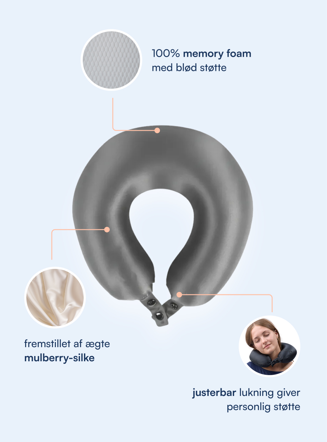 Nakkepude 100% Mulberry Silke (OEKO-TEX) Grå