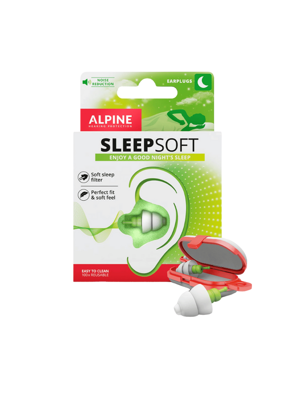 Alpine SleepSoft bl&oslash;de gr&oslash;nne &oslash;repropper med genlukkelig r&oslash;d etui til st&oslash;jreduktion og bedre s&oslash;vn