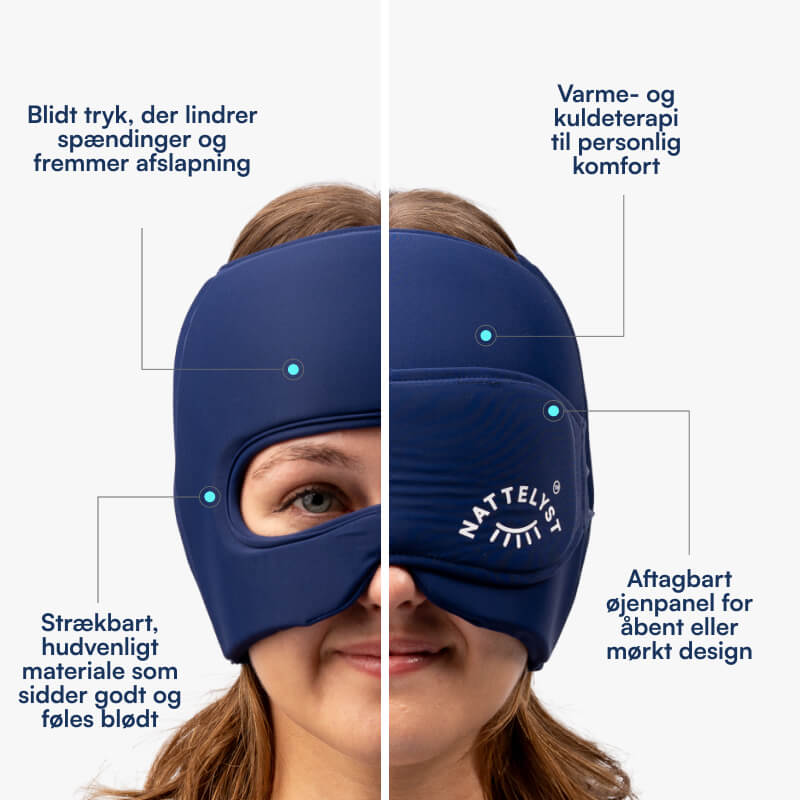 Kvinde med blå terapeutisk hovedmaske, aftageligt øjenpanel, varme- og kuldeterapi og blødt strækbart materiale