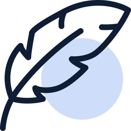 Mørkeblå fjerikon foran lyseblå cirkel, minimalistisk symbol for letvægt eller skrivning