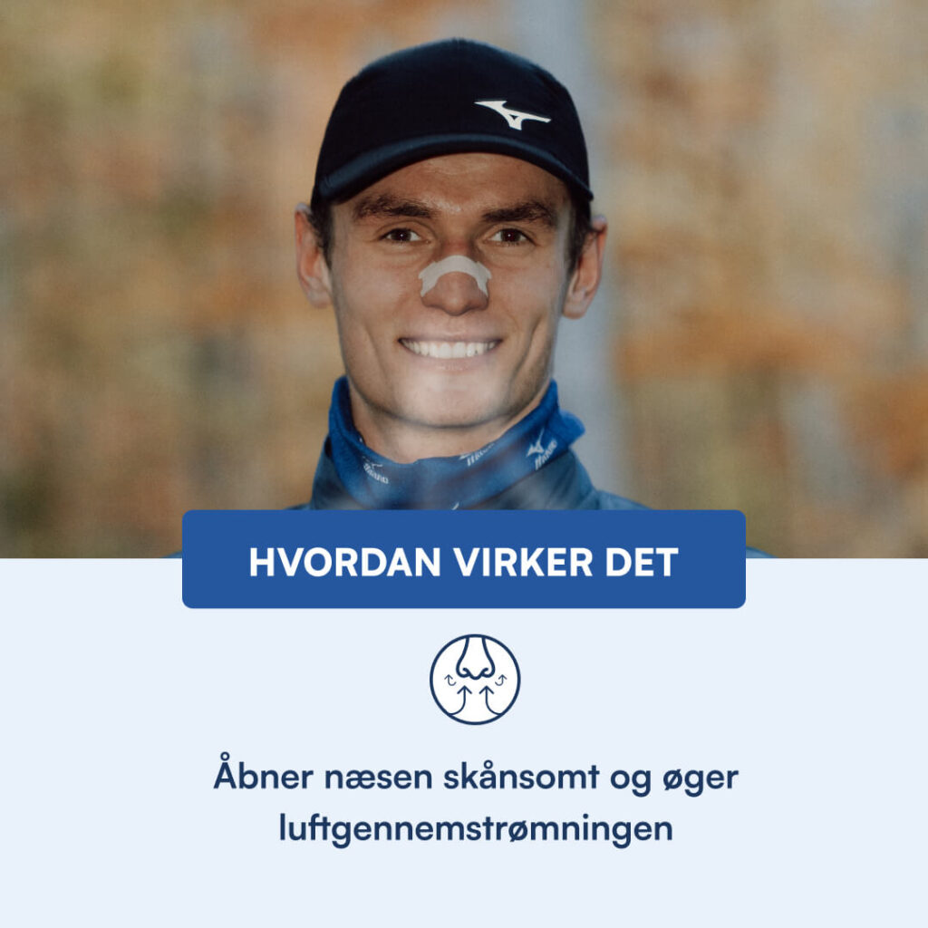 Smilende mand med næseplaster og kasket i reklame om at åbne næsen og øge luftgennemstrømning