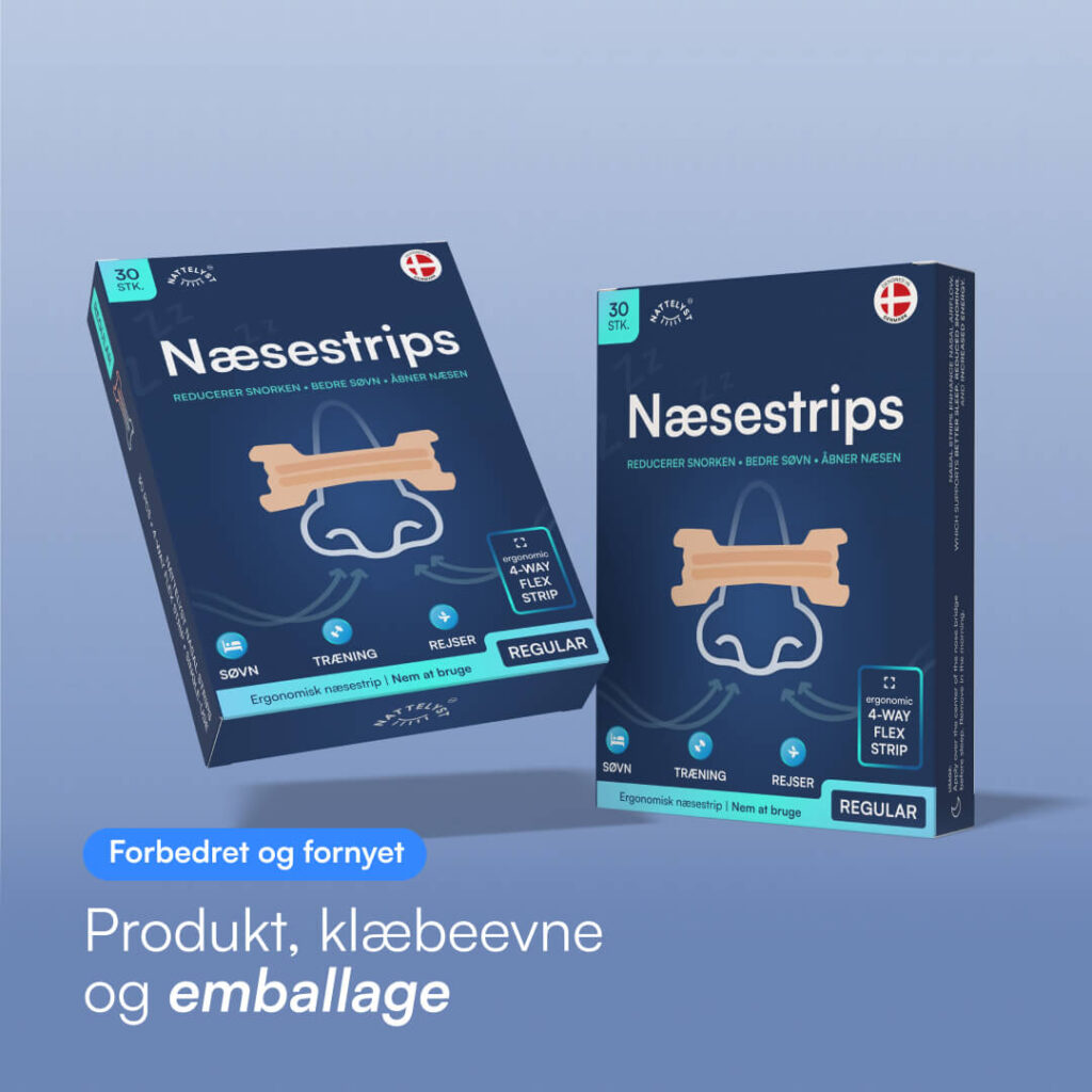 To blå pakker Næsestrips 30 stk med næseillustration og ergonomisk 4-way flex strip, reducerer snorken