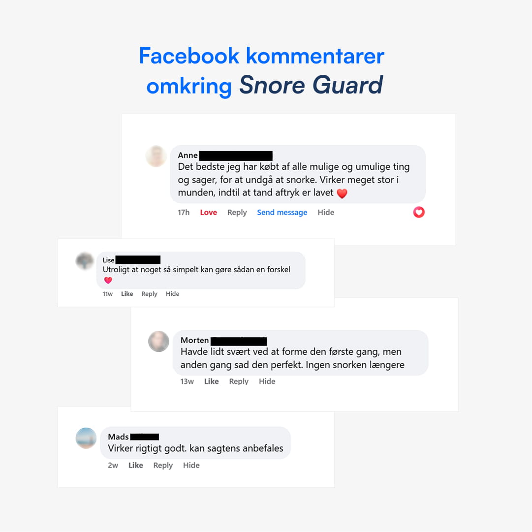 Facebook-kommentarer om Snore Guard med positive kundeudtalelser og slørede profilbilleder