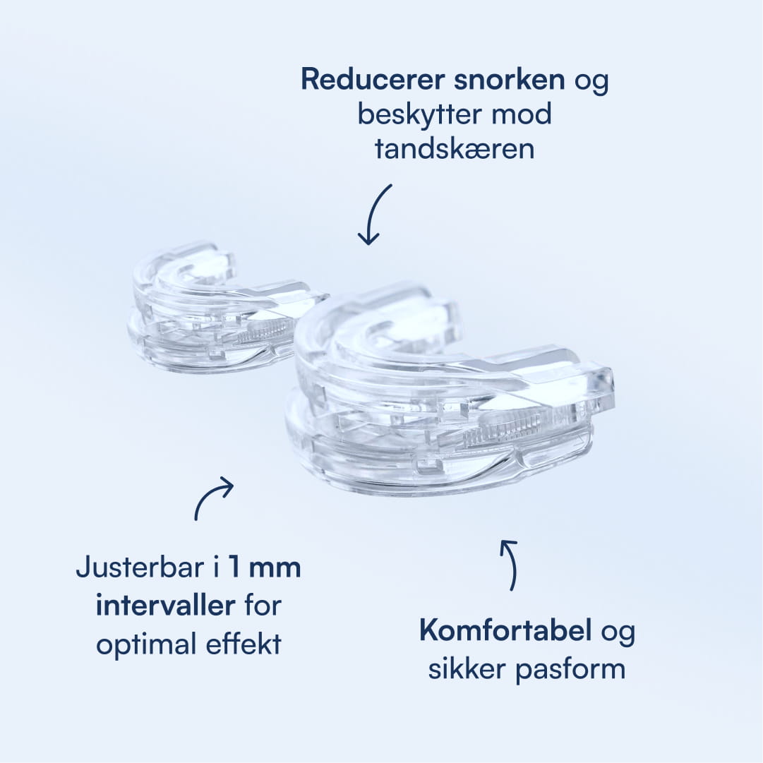 Gennemsigtig justerbar snorkeskinne i plast, beskytter tænder, reducerer snorken og sikrer komfortabel pasform