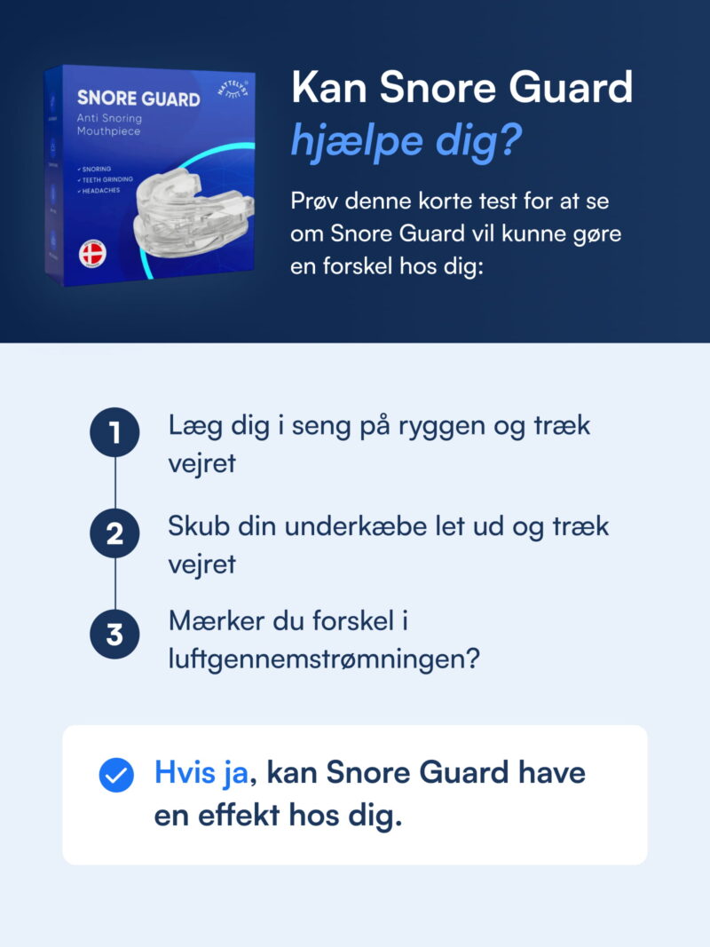 Snore Guard emballage med klar anti-snorkeskinne og dansk tekst der spørger om produktet kan hjælpe