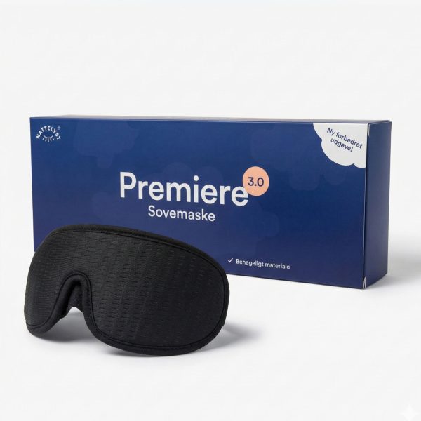 Sort polstret sovemaske med næseudskæring foran blå Premiere 3.0 produktæske